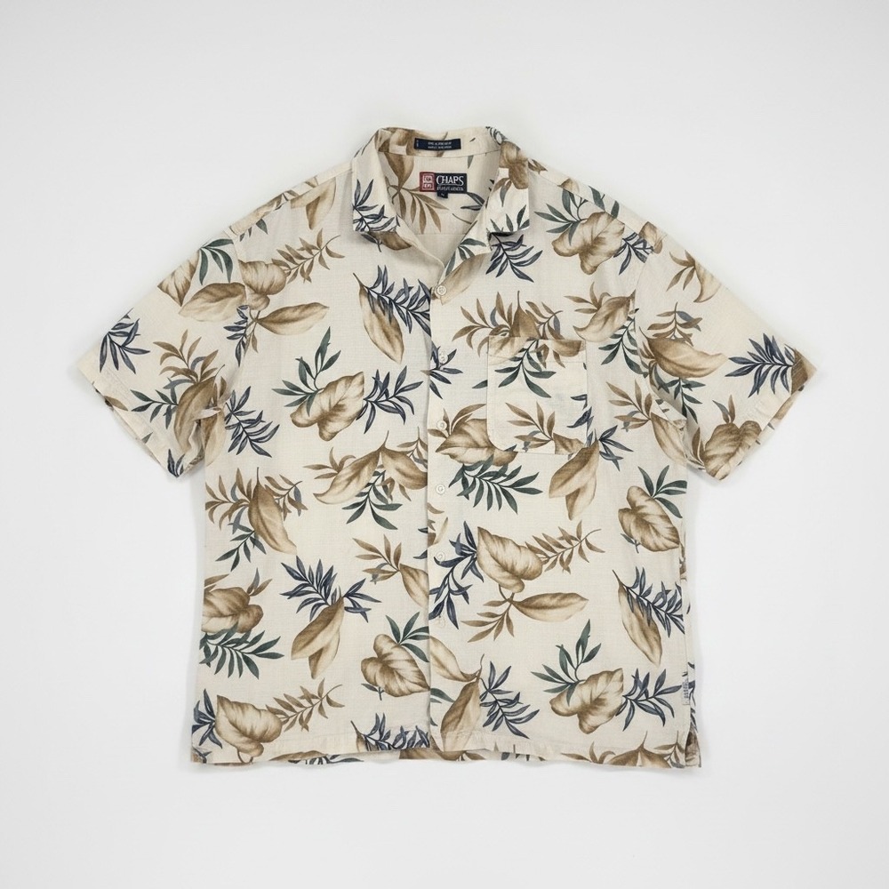 Chaps‎ Ralph Lauren Button Up Shirt Mens XL Beige Floral Tropical Cotton 90s VTG